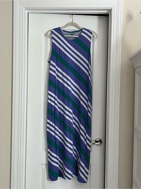 Lands' End Sleeveless Diagonal Stripe Maxi Dress in Blue, Green & White